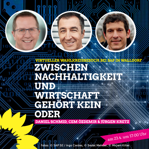 Sharepic der Veranstaltung mit Daniel Schmid, Cem Özdemir und Jürgen Kretz, Hintergrund: Computer-Platine